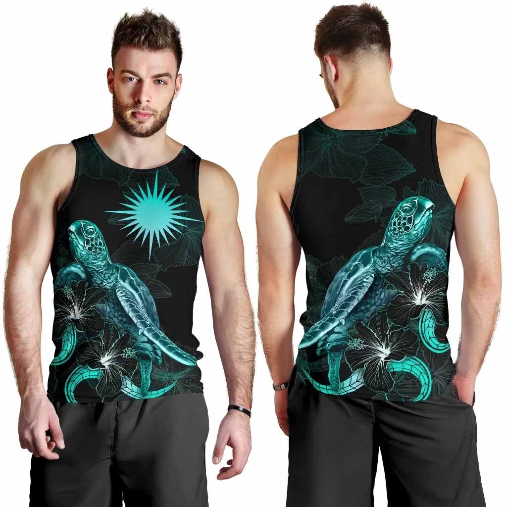 Marshall Islands Polynesian Men Tank Top - Turtle With Blooming Hibiscus Tuquoise