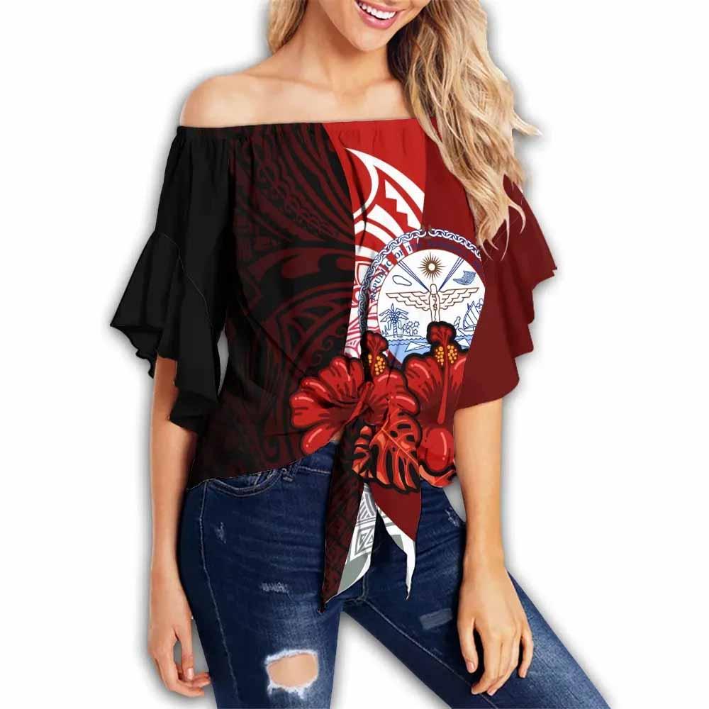 Marshall Islands Polynesian Off Shoulder Wrap Waist Top - Hibiscus With Seal