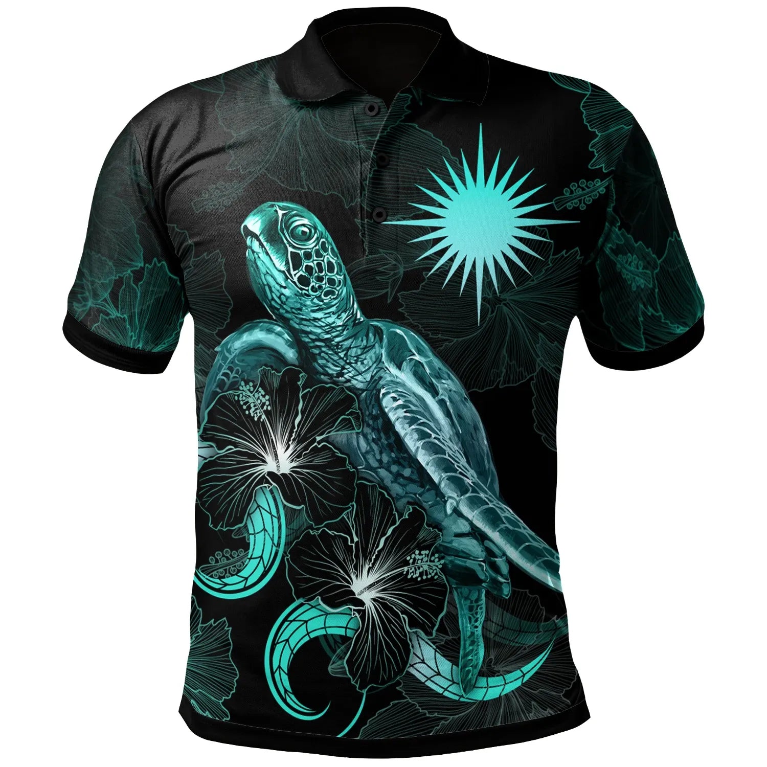 Marshall Islands Polynesian Polo Shirt - Turtle With Blooming Hibiscus Turquoise