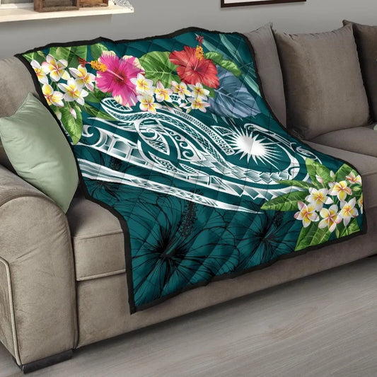 Marshall Islands Polynesian Premium Quilt - Summer Plumeria (Turquoise)