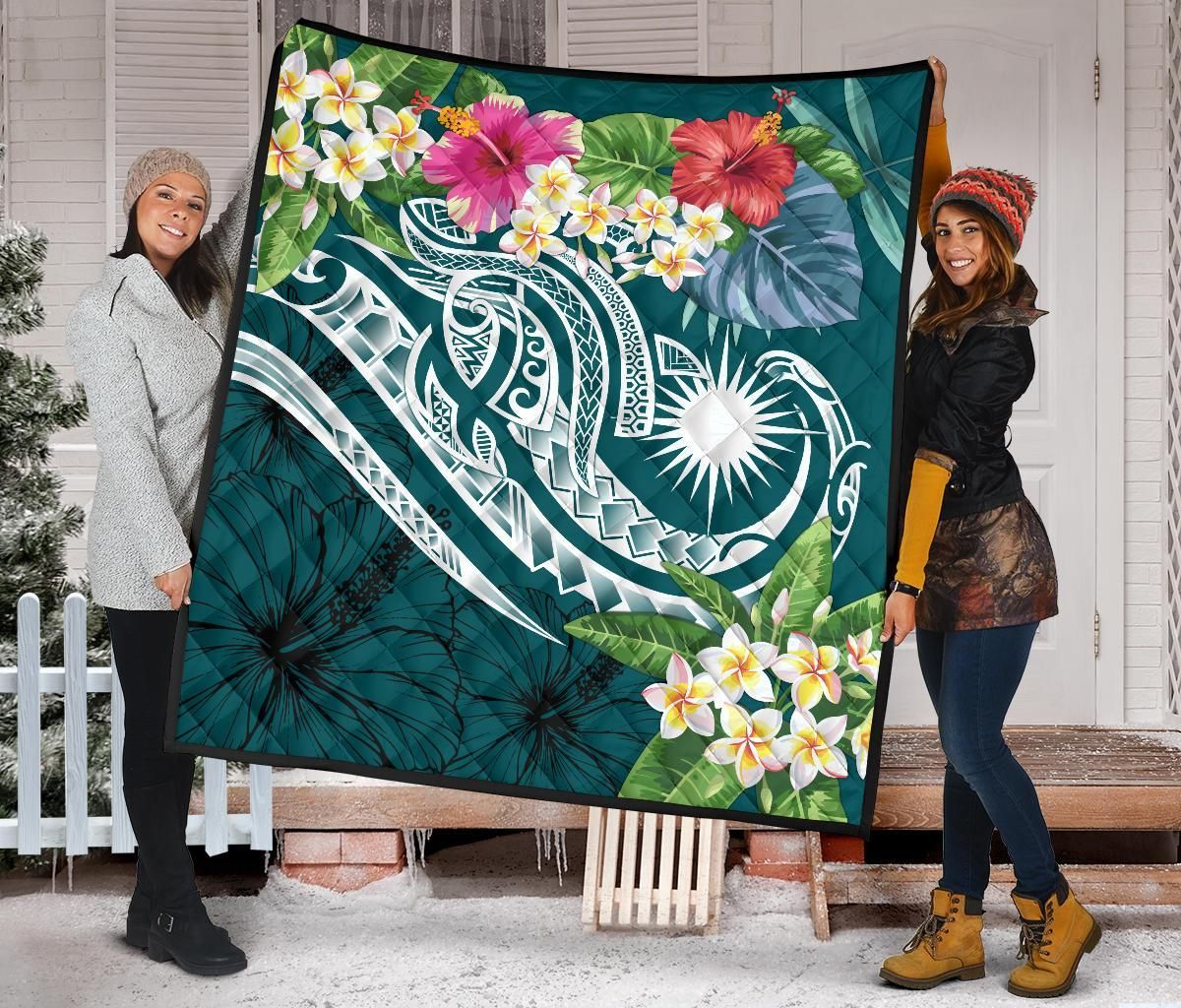 Marshall Islands Polynesian Premium Quilt - Summer Plumeria (Turquoise)