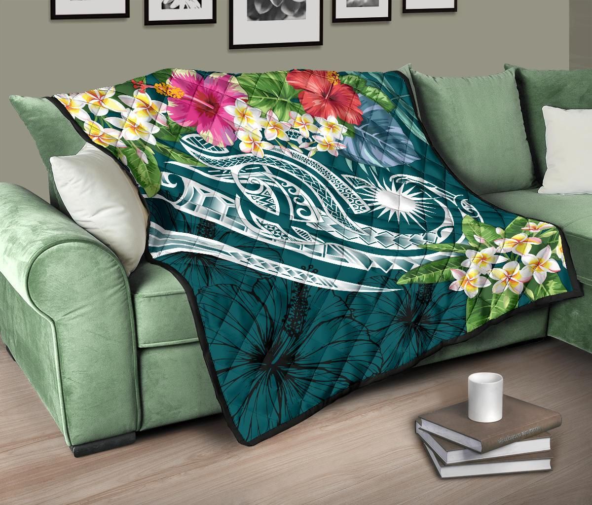 Marshall Islands Polynesian Premium Quilt - Summer Plumeria (Turquoise)