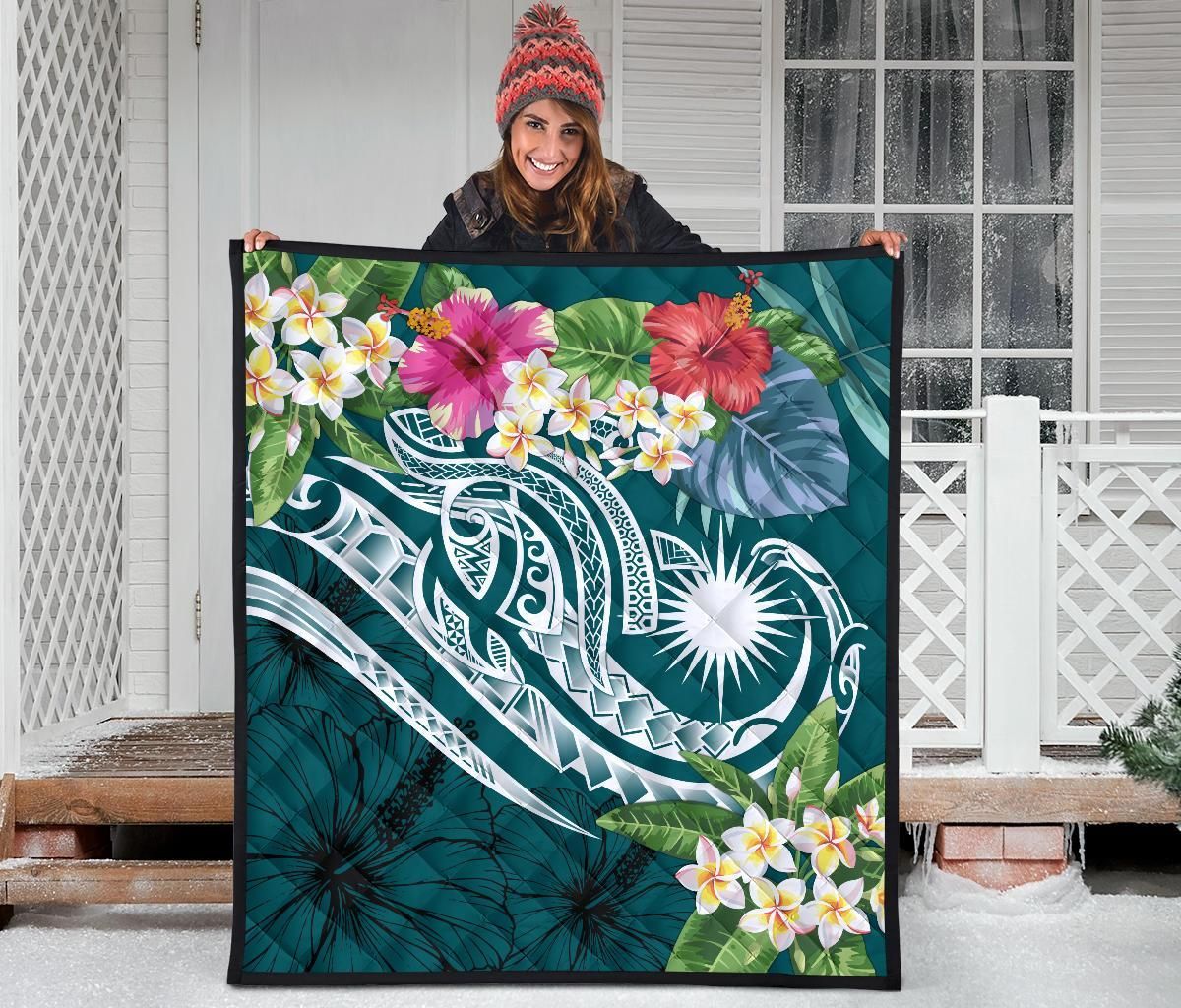 Marshall Islands Polynesian Premium Quilt - Summer Plumeria (Turquoise)