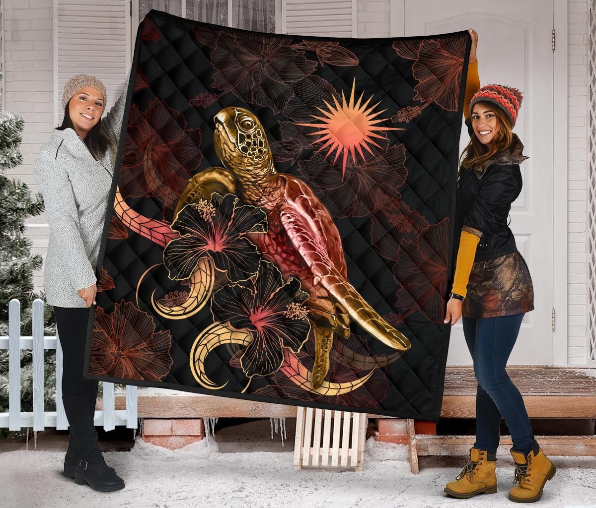 Marshall Islands Polynesian Premium Quilt - Turtle With Blooming Hibiscus Gold
