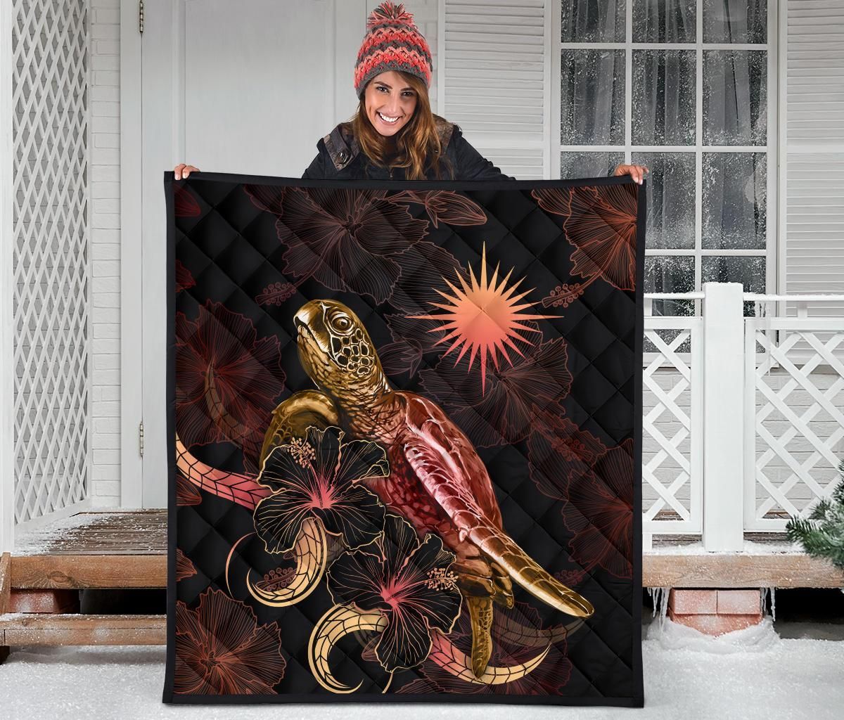 Marshall Islands Polynesian Premium Quilt - Turtle With Blooming Hibiscus Gold
