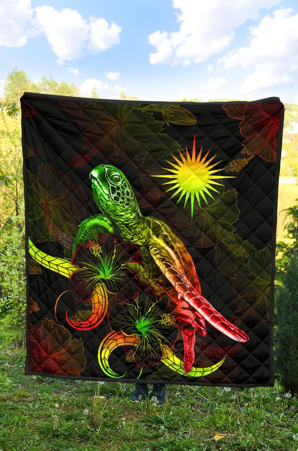 Marshall Islands Polynesian Premium Quilt - Turtle With Blooming Hibiscus Reggae