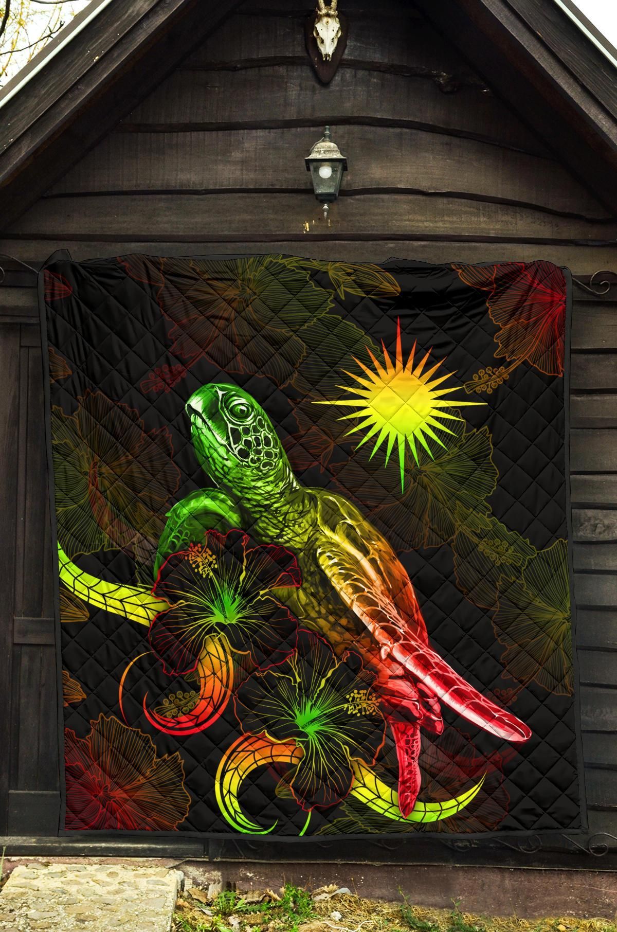Marshall Islands Polynesian Premium Quilt - Turtle With Blooming Hibiscus Reggae