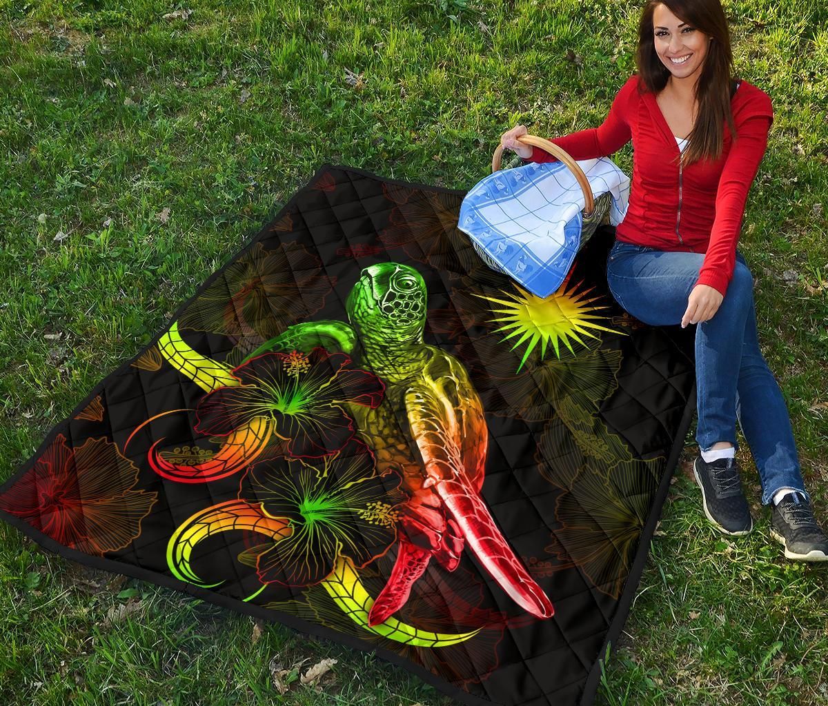 Marshall Islands Polynesian Premium Quilt - Turtle With Blooming Hibiscus Reggae