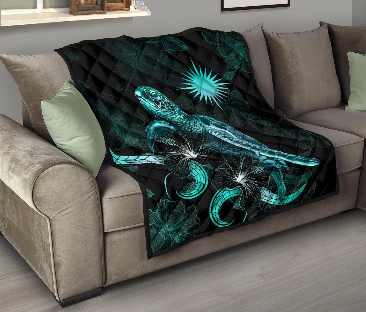 Marshall Islands Polynesian Premium Quilt - Turtle With Blooming Hibiscus Turquoise