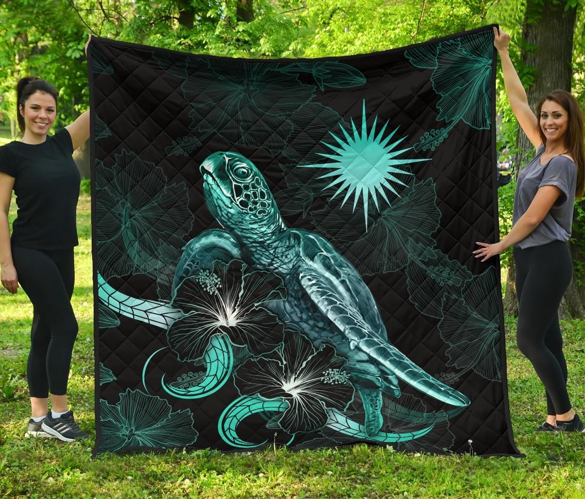 Marshall Islands Polynesian Premium Quilt - Turtle With Blooming Hibiscus Turquoise