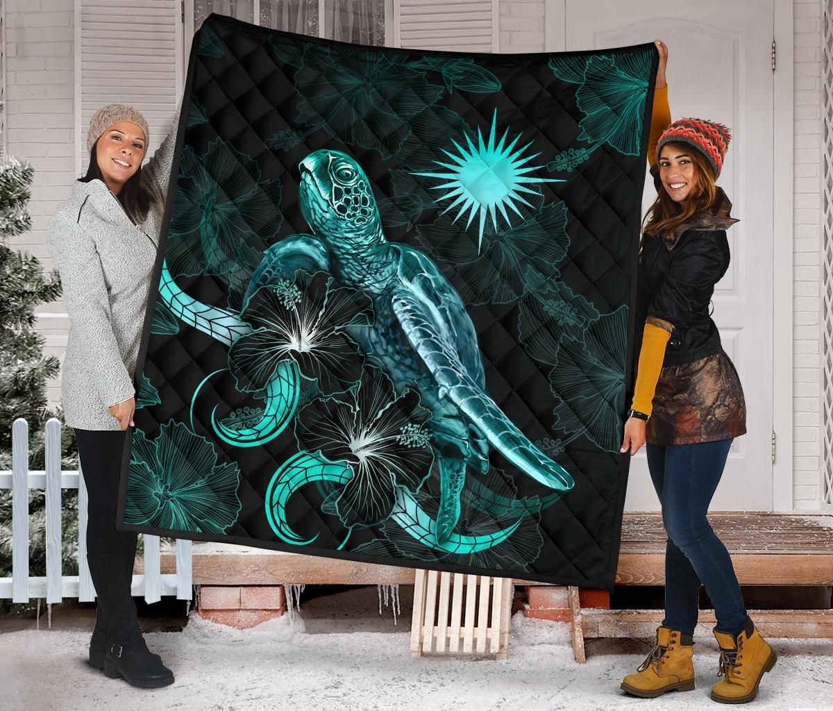 Marshall Islands Polynesian Premium Quilt - Turtle With Blooming Hibiscus Turquoise