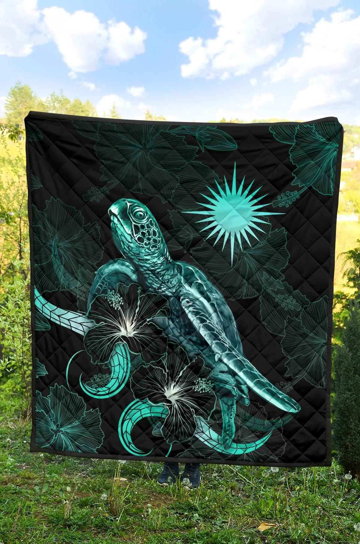 Marshall Islands Polynesian Premium Quilt - Turtle With Blooming Hibiscus Turquoise