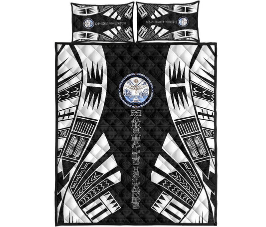 Marshall Islands Quilt Bed Set - Marshall Islands Seal & Polynesian White Tattoo Style