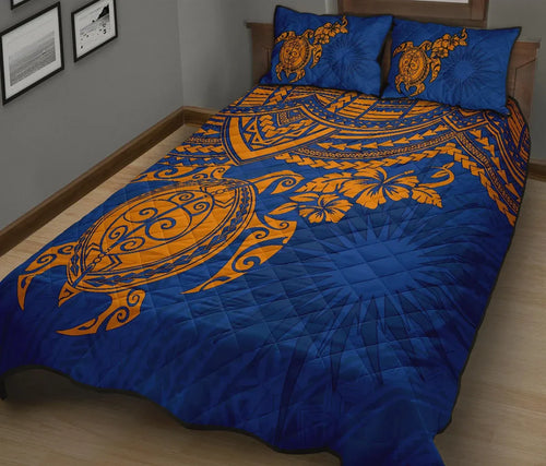 Marshall Islands Polynesian Quilt Bed Set - Marshall Islands Flag & Blue Turtle Hibiscus