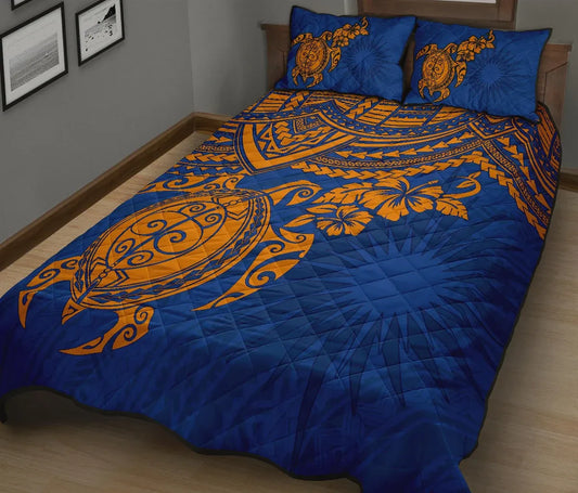 Marshall Islands Polynesian Quilt Bed Set - Marshall Islands Flag & Blue Turtle Hibiscus