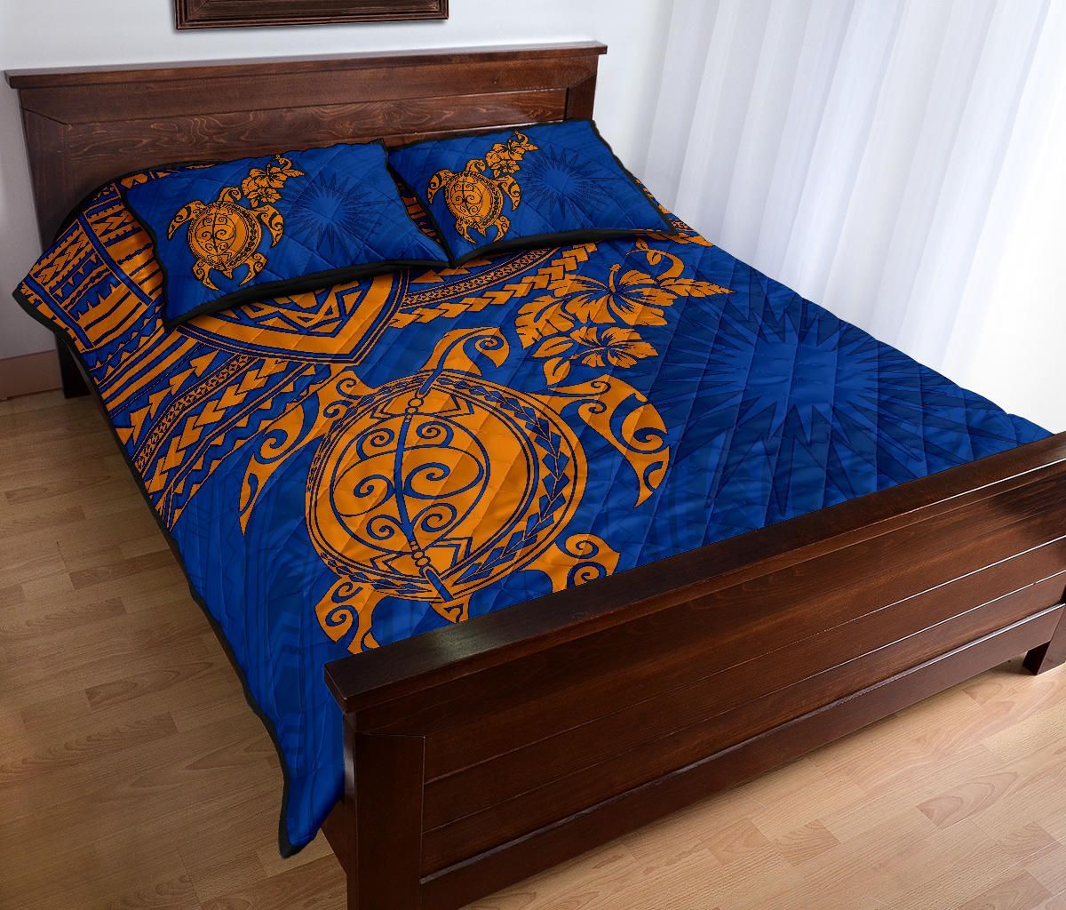 Marshall Islands Polynesian Quilt Bed Set - Marshall Islands Flag & Blue Turtle Hibiscus