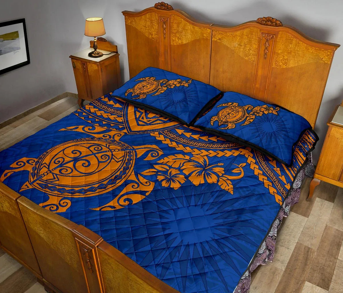 Marshall Islands Polynesian Quilt Bed Set - Marshall Islands Flag & Blue Turtle Hibiscus