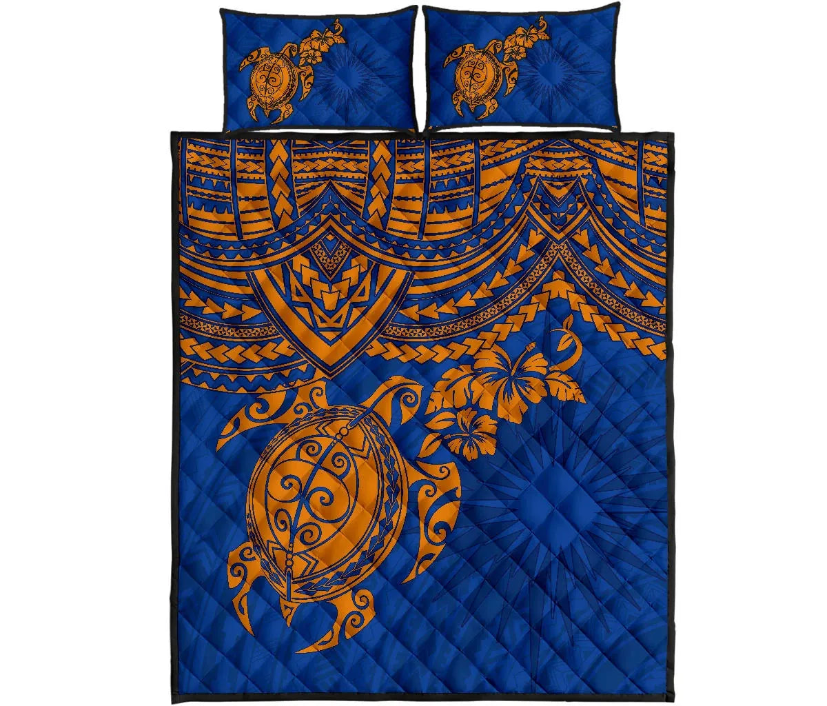 Marshall Islands Polynesian Quilt Bed Set - Marshall Islands Flag & Blue Turtle Hibiscus
