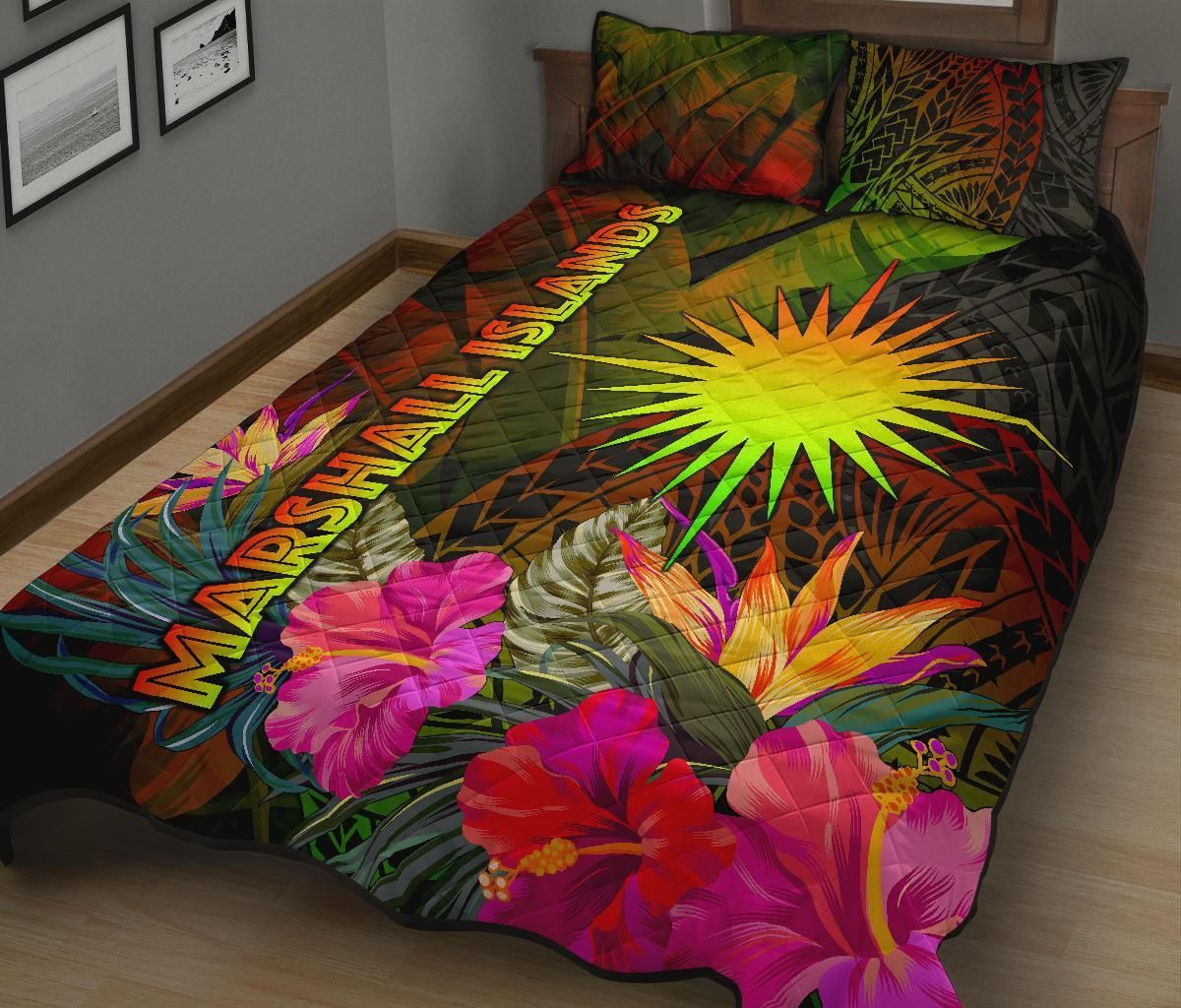 Marshall Islands Polynesian Quilt Bed Set - Hibiscus and Banana Leaves