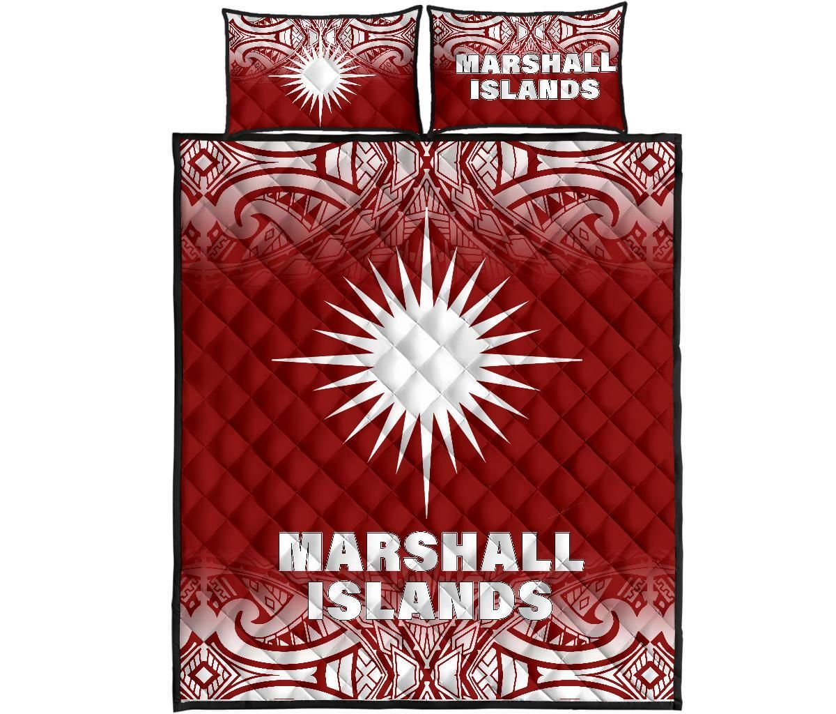 Marshall Islands Quilt Bed Set - Marshall Islands Flag Polynesian Tattoo Red Fog Style