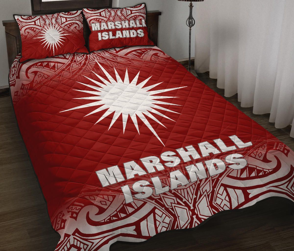 Marshall Islands Quilt Bed Set - Marshall Islands Flag Polynesian Tattoo Red Fog Style