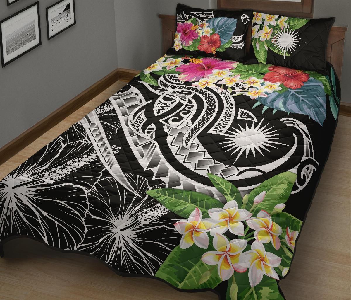 Marshall Islands Polynesian Quilt Bed Set - Summer Plumeria (Black)