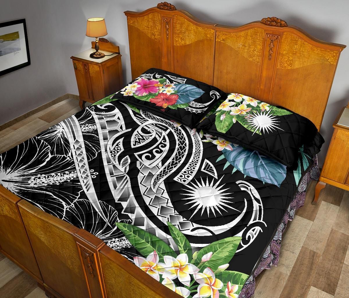 Marshall Islands Polynesian Quilt Bed Set - Summer Plumeria (Black)