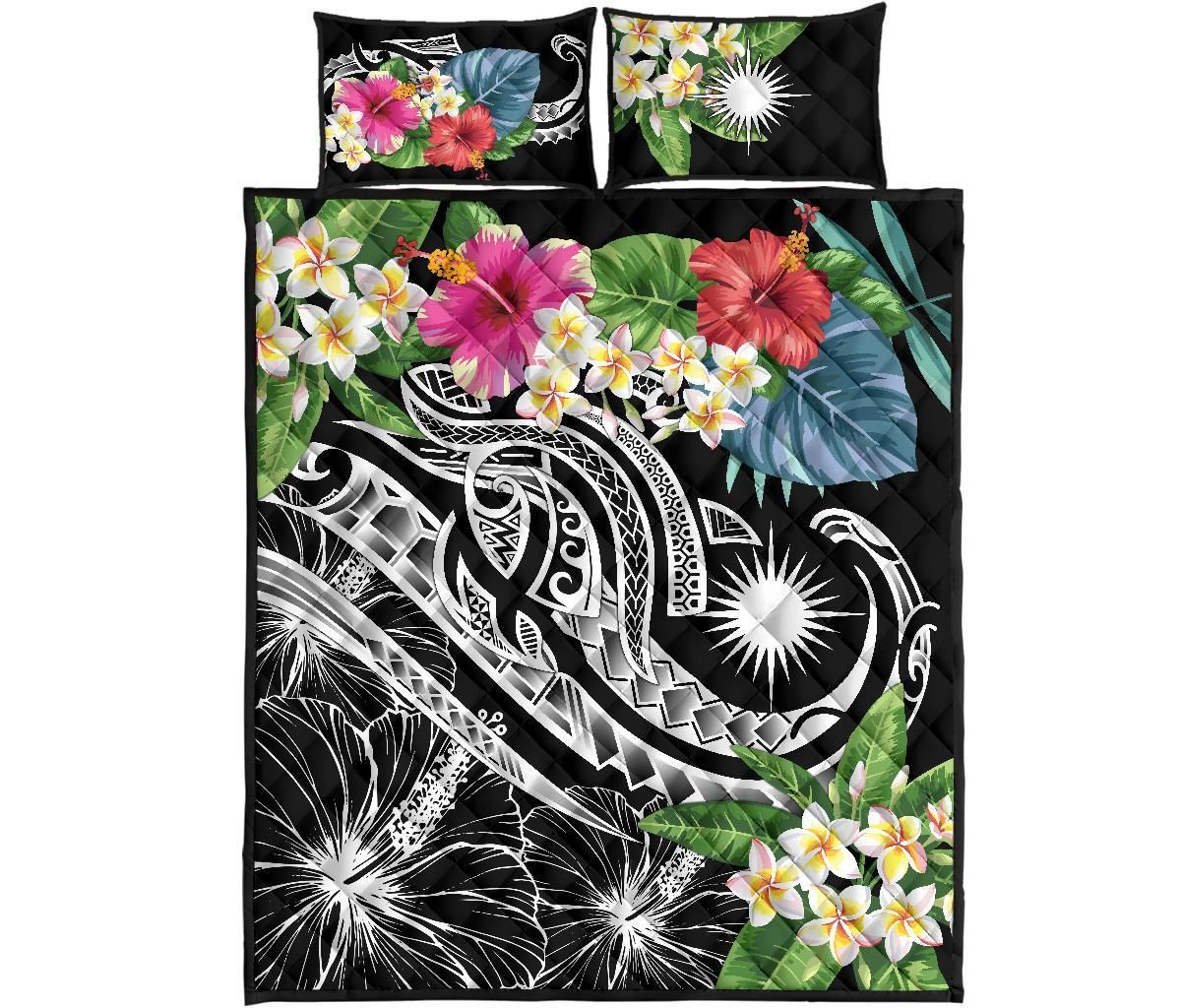 Marshall Islands Polynesian Quilt Bed Set - Summer Plumeria (Black)