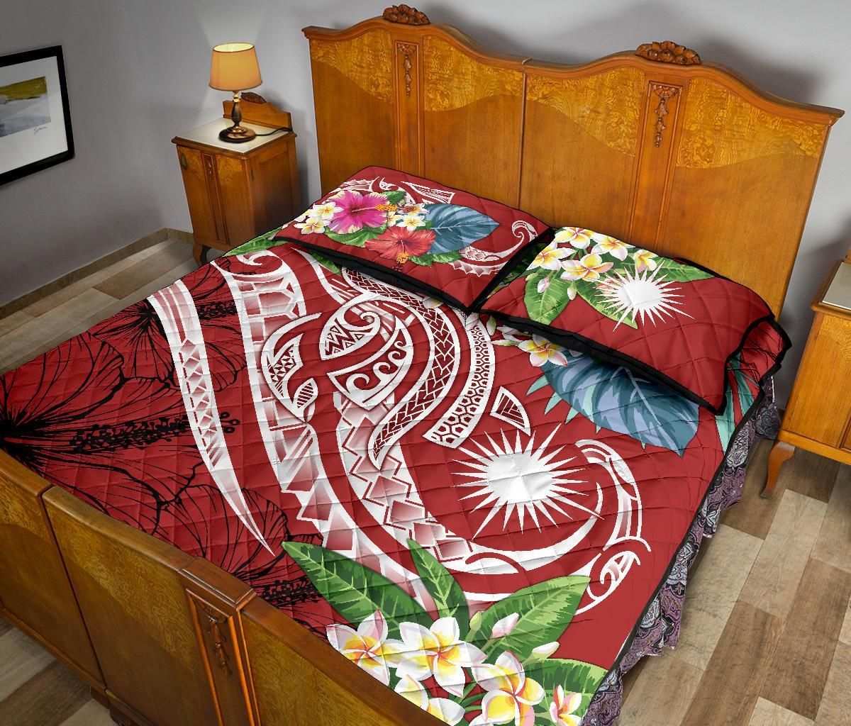 Marshall Islands Polynesian Quilt Bed Set - Summer Plumeria (Red)