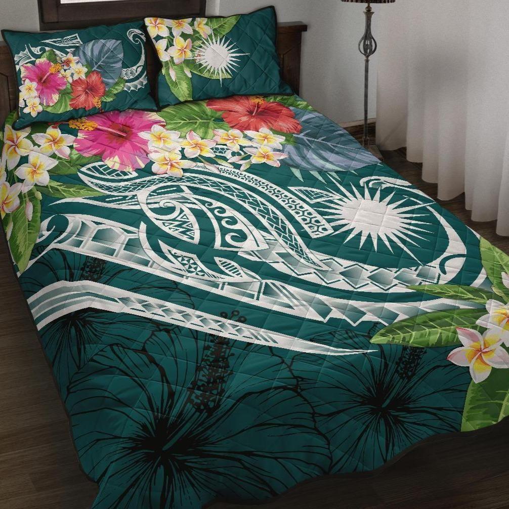 Marshall Islands Polynesian Quilt Bed Set - Summer Plumeria (Turquoise)