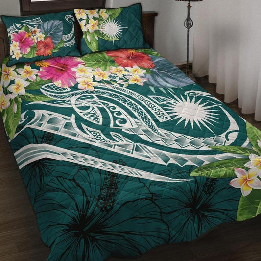 Marshall Islands Polynesian Quilt Bed Set - Summer Plumeria (Turquoise)