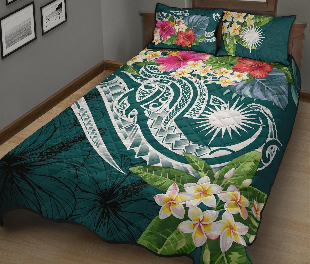 Marshall Islands Polynesian Quilt Bed Set - Summer Plumeria (Turquoise)