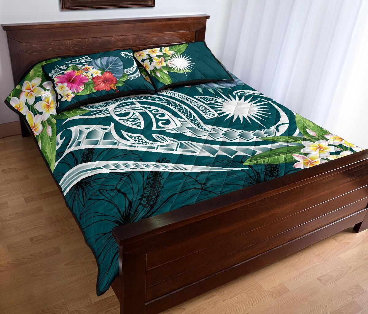 Marshall Islands Polynesian Quilt Bed Set - Summer Plumeria (Turquoise)