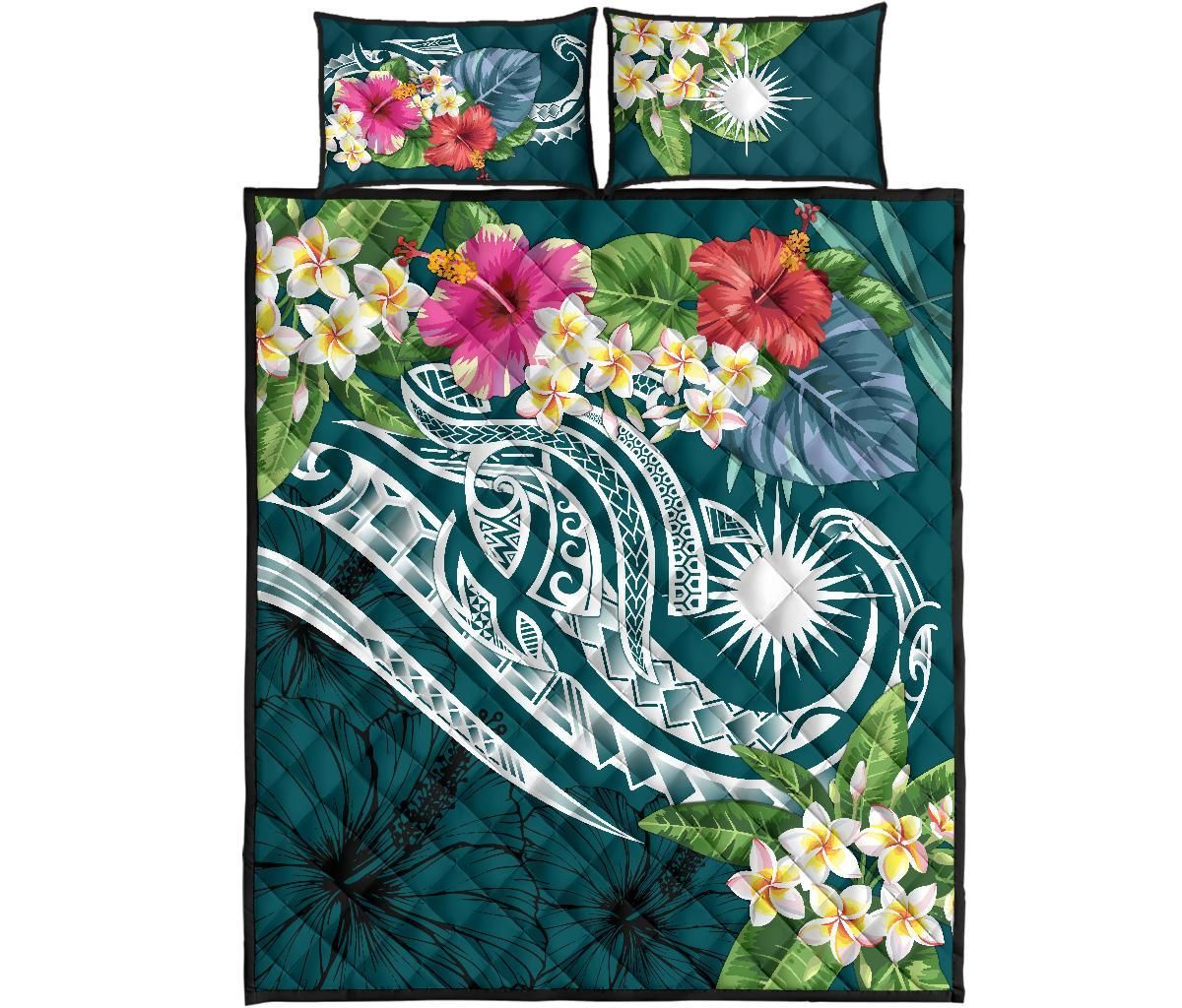 Marshall Islands Polynesian Quilt Bed Set - Summer Plumeria (Turquoise)
