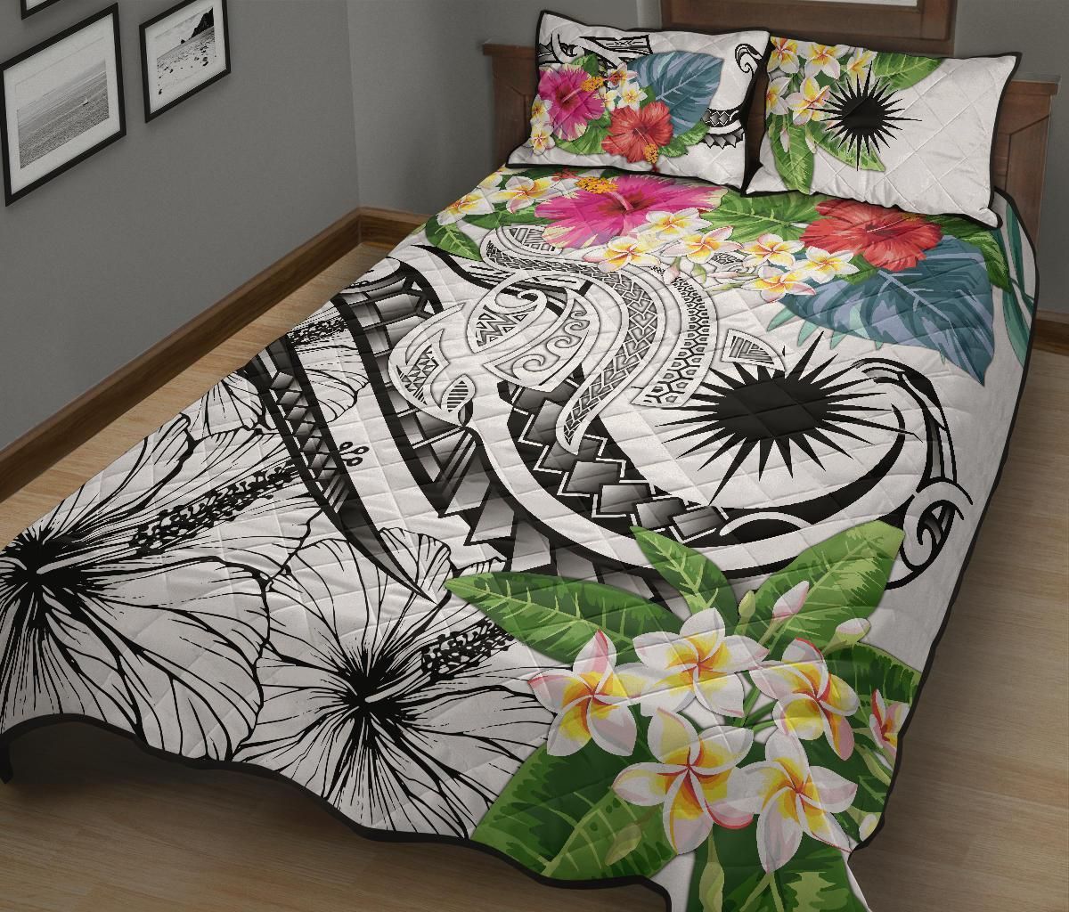 Marshall Islands Polynesian Quilt Bed Set - Summer Plumeria (White)