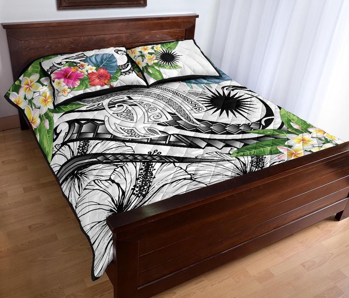 Marshall Islands Polynesian Quilt Bed Set - Summer Plumeria (White)
