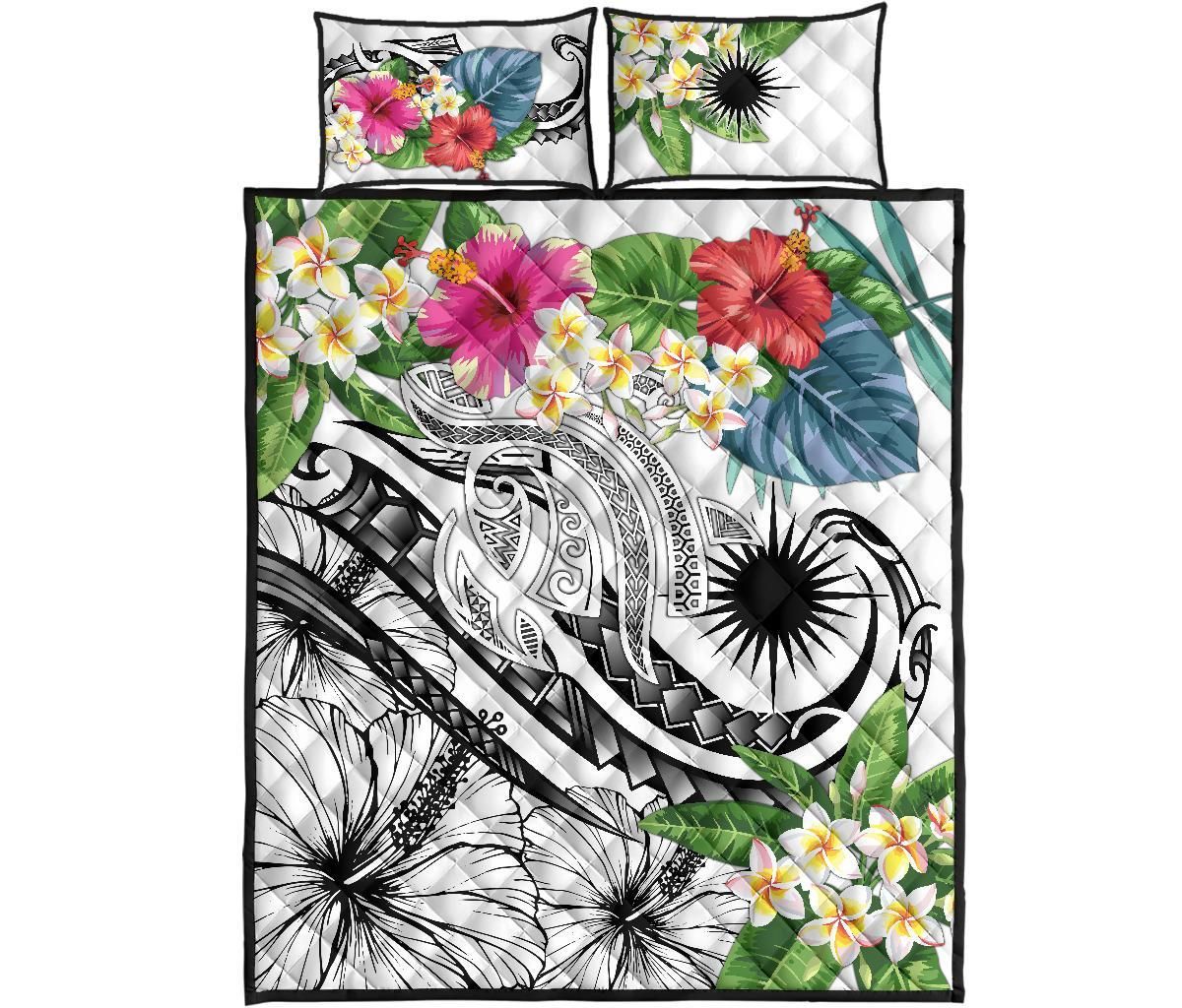 Marshall Islands Polynesian Quilt Bed Set - Summer Plumeria (White)
