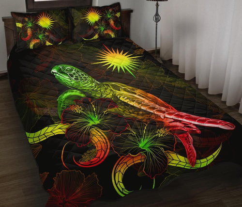 Marshall Islands Polynesian Quilt Bed Set - Turtle With Blooming Hibiscus Reggae