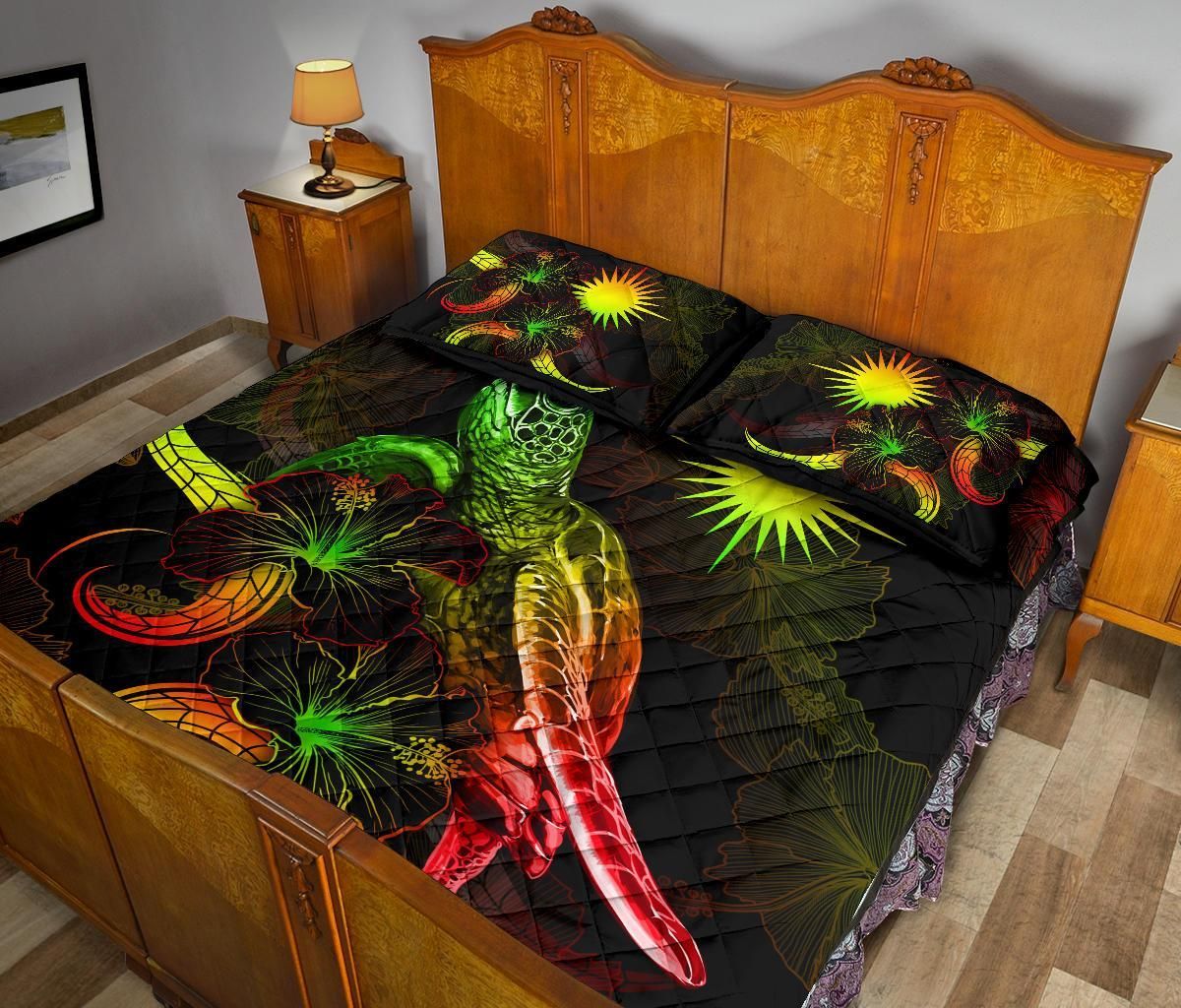 Marshall Islands Polynesian Quilt Bed Set - Turtle With Blooming Hibiscus Reggae