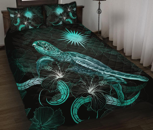 Marshall Islands Polynesian Quilt Bed Set - Turtle With Blooming Hibiscus Turquoise