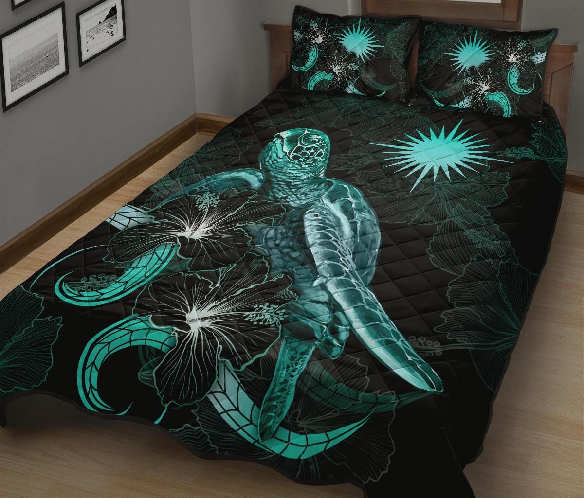 Marshall Islands Polynesian Quilt Bed Set - Turtle With Blooming Hibiscus Turquoise
