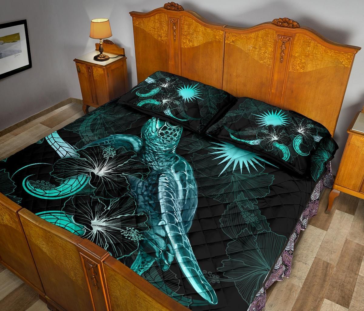 Marshall Islands Polynesian Quilt Bed Set - Turtle With Blooming Hibiscus Turquoise