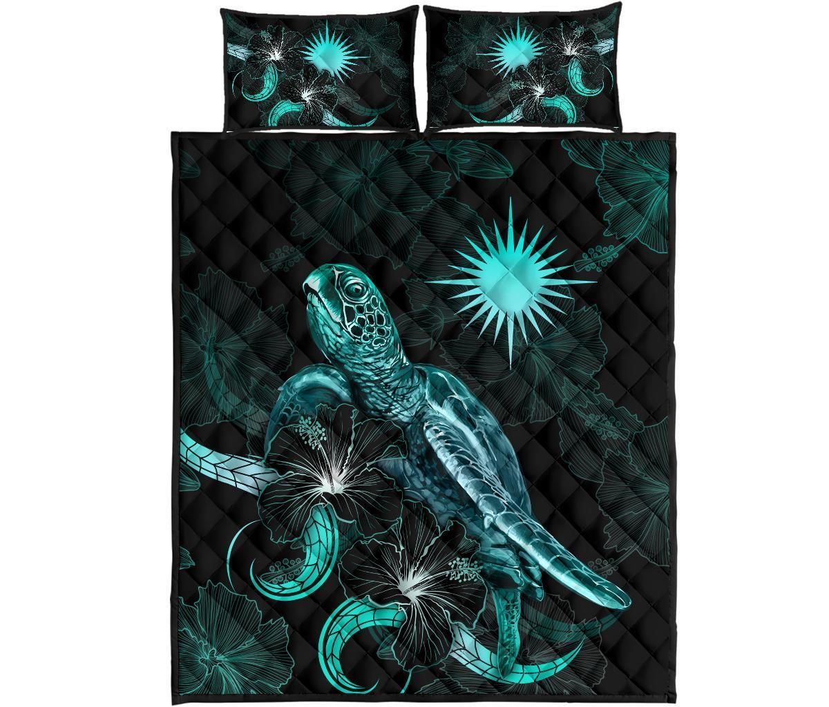 Marshall Islands Polynesian Quilt Bed Set - Turtle With Blooming Hibiscus Turquoise