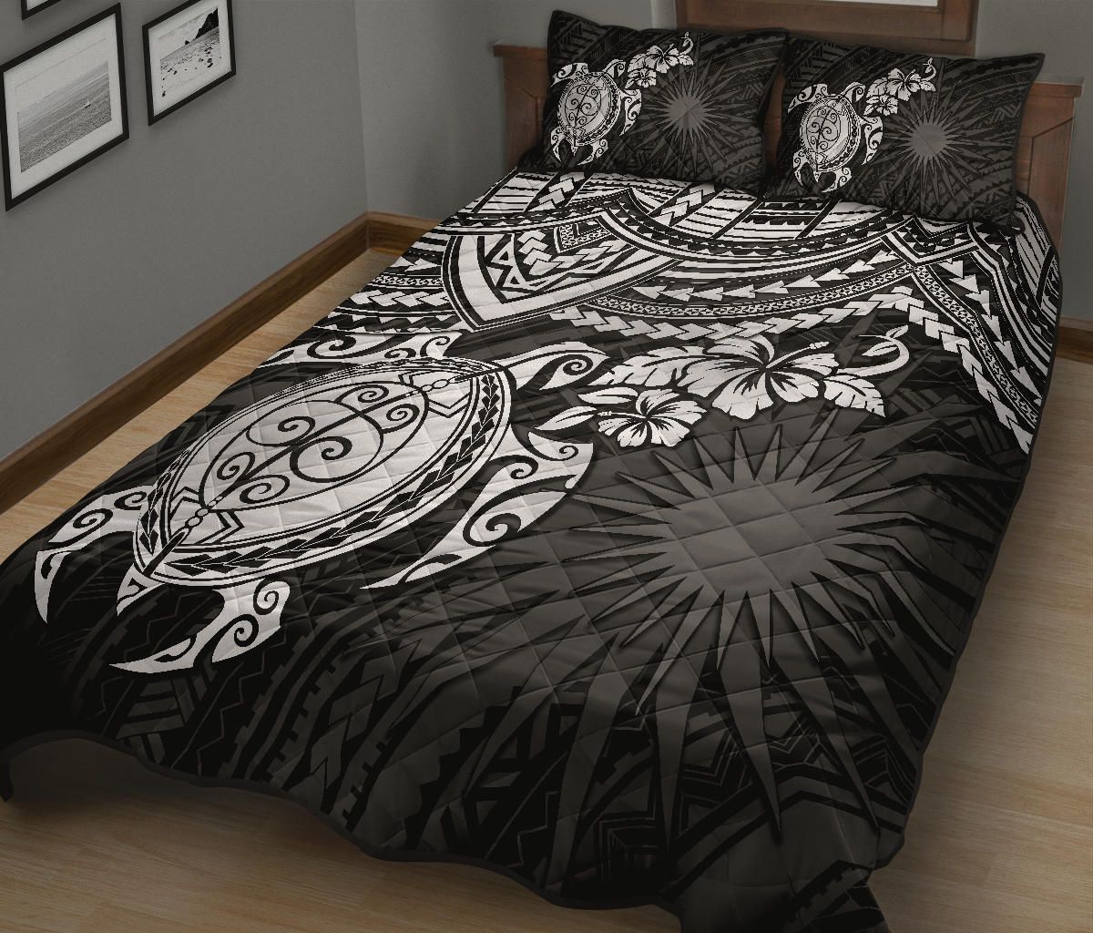 Marshall Islands Polynesian Quilt Bed Set - Marshall Islands Flag & White Turtle Hibiscus