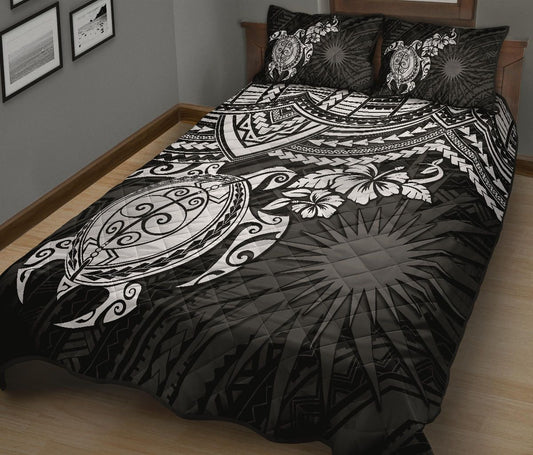 Marshall Islands Polynesian Quilt Bed Set - Marshall Islands Flag & White Turtle Hibiscus