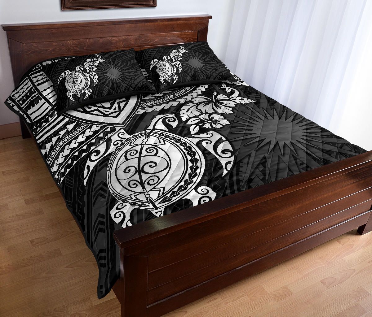 Marshall Islands Polynesian Quilt Bed Set - Marshall Islands Flag & White Turtle Hibiscus