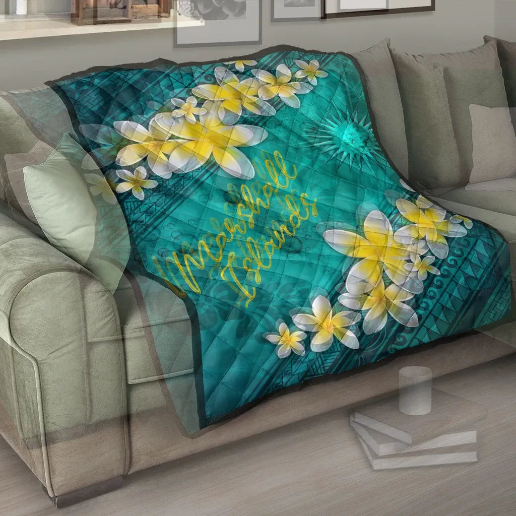 Marshall Islands Polynesian Quilt - Plumeria With Blue Ocean