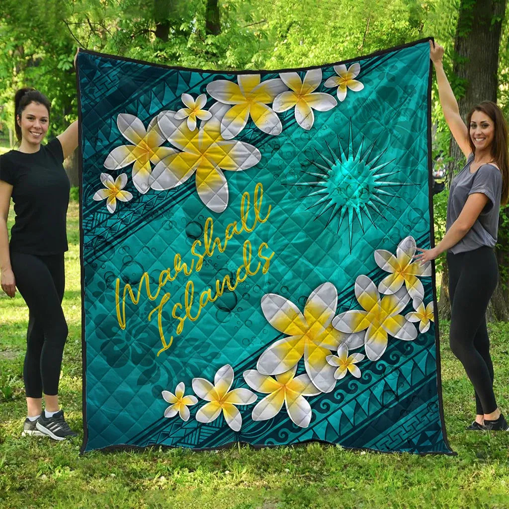 Marshall Islands Polynesian Quilt - Plumeria With Blue Ocean