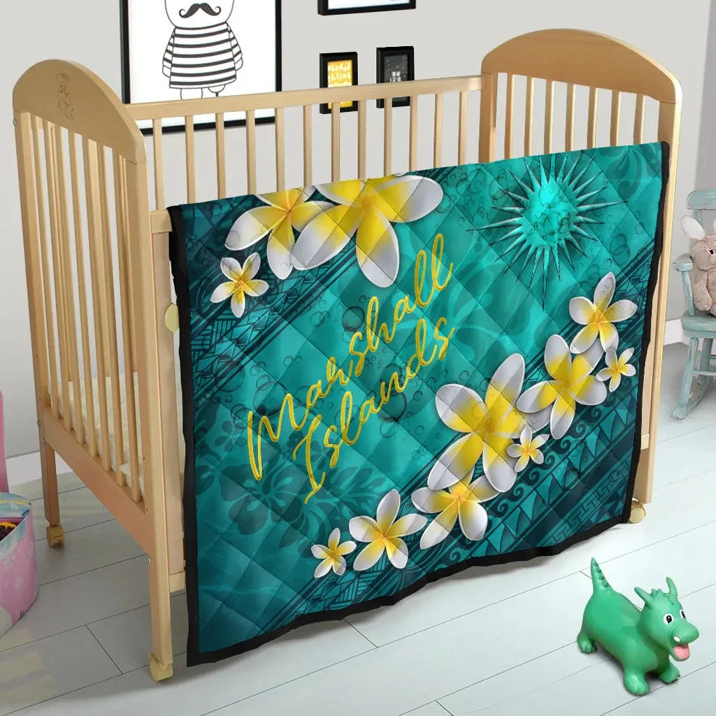 Marshall Islands Polynesian Quilt - Plumeria With Blue Ocean