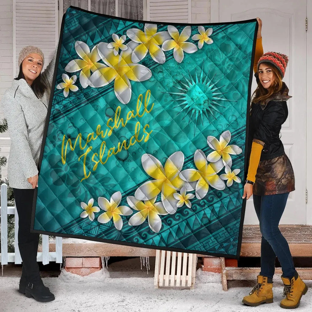 Marshall Islands Polynesian Quilt - Plumeria With Blue Ocean